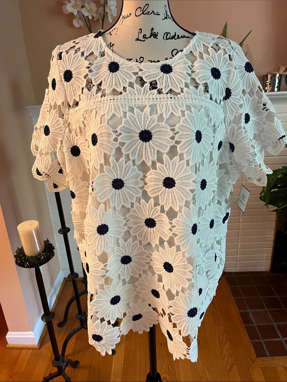 Rafaella White Crochet Daisy Top with Navy Centers